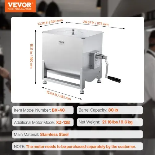 VEVOR manueller Fleischmischer 40L Fleischverarbeitungsgerät (max. Mischen von 36,29 kg Fleisch), Fleischmischer aus Edelstahl, Wurstmischer mit Untersetzungsgetriebe, Handmixer für Hackfleisch – Bild 6