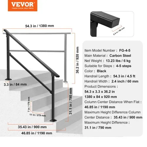 VEVOR Handlauf 138 cm, Treppengeländer-Set für 4–5 Stufen, schwarzes Vierkantrohr mit horizontaler Stange, Stützgeländer aus Karbonstahl für Senioren, Beton- & Decktreppen – Bild 6
