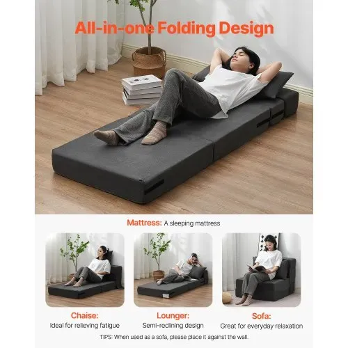 VEVOR 3 in 1 Klappsofa faltbares Schlafsofa mit 2 Kissen & waschbarem Bezug, umwandelbarer Schlafsessel aus 25D Memory Foam, Bettcouch für Wohnzimmer Schlafzimmer, Dunkelgrau (Einzelbett) – Bild 4