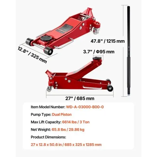 VEVOR Hydraulischer Rangierwagenheber 3 t Tragkraft, Flacher Wagenheber aus Aluminium mit Doppelkolben-Schnellhubpumpe, Autoheber für Sportwagen SUVs Pickups, 85-515 mm Hubbereich, Rot – Bild 6