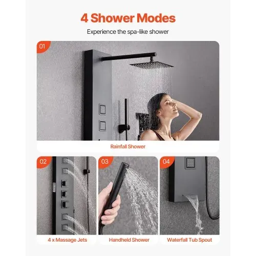 VEVOR Duschpaneel-Turmsystem (4 in 1) mit Regenwasserfall-Duschkopf, (124 cm) Duschsäule aus gebürstetem Edelstahl, Regenmassagesystem zur Wandmontage, mit Handbrause & 4 kleiner Massagedüsen – Bild 2