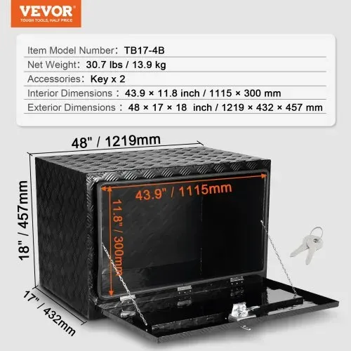 VEVOR Truckbox Werkzeugbox, Unterboden-Anhängerbox, Werkzeugkasten, 1219 x 432 x 457 mm Pickup-Aufbewahrungsbox, Aluminiumlegierung, 50 kg belastbarer Werkzeugkasten, abschließbare Aufbewahrungsbox – Bild 6