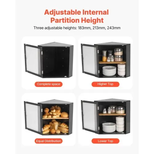 VEVOR Eck-Brotkasten doppellagiger Brotbehälter Brotbox Organizer aus Holz für selbstgebackenes Brot, Aufbewahrungsbehälter mit gewellter Acryl-Türplatte, Brotaufbewahrung Lagerung Schwarz – Bild 2