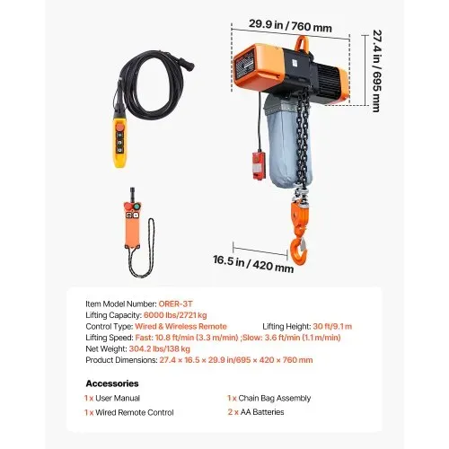 VEVOR Elektrischer Kettenzug 2721 kg, 9,1 m Hubhöhe, Dreiphasig, mit 100 m Funk- & 8,2 m Kabelfernbedienung, G100-Doppelkette, Notstopp, Elektrokettenzug für Fabriken, Lagerhallen, Garagen – Bild 6
