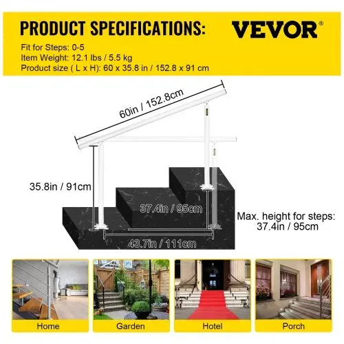VEVOR Treppengeländer-Set, 1,5 m Handläufe 0–5 Stufen, verstellbarer Winkel, weiße Aluminium-Treppenhandschiene für ältere Menschen, Handläufe für Außenstufen – Bild 6