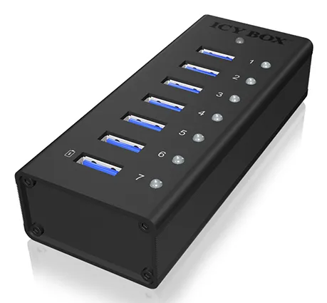 ICY BOX IB-AC618, 7 Port USB 3.2 Gen 1 Hub mit 1x Tablettladeport, Vollmetall, mit 12V 3A Netzteil, schwarz – Bild 2