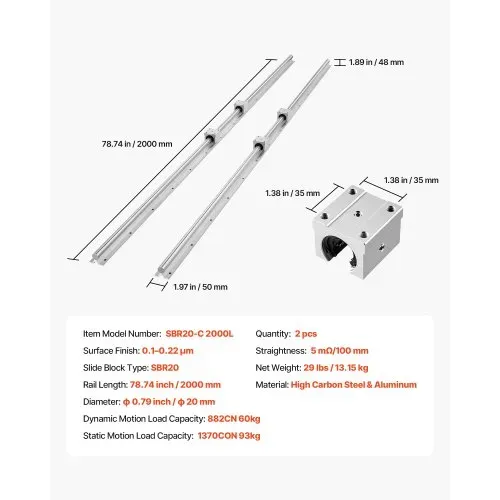 VEVOR Linearführungen SBR20, 2er-Pack 2000 mm Linearschienen & 4 Stk. Gleitblöcke, vollumfänglich gelagerte Welle, Führungsschienen für Schneid-, Schleif-, Fräs- & Bohrmaschinen – Bild 6