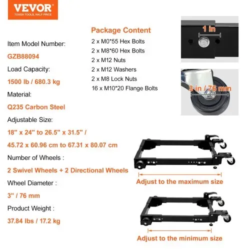 VEVOR Mobile Basis, 1500 lbs Kapazität, einstellbar von 18" x 24" bis 26,5" x 31,5", robuste universelle mobile Basis mit Schwenkrädern, für Holzbearbeitungsgeräte, Bandsäge, Elektrowerkzeuge, Maschinen – Bild 6