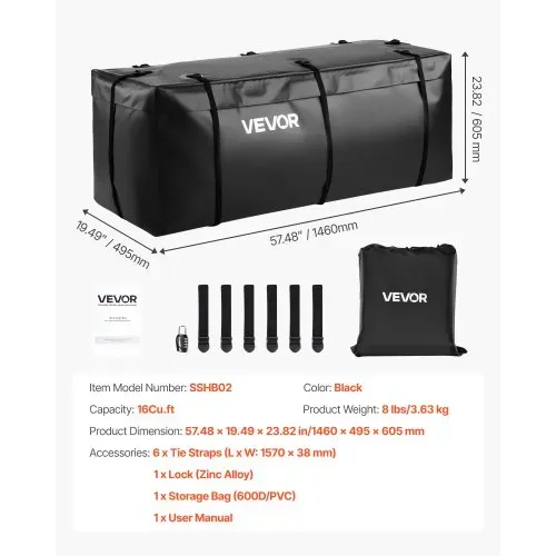 VEVOR Gepäckträgertasche für Anhängerkupplung aus wasserdichtes 840D-PVC (0,453 m³), Gepäcktasche zur Aufbewahrung auf der Ladefläche von Lkws mit verstärkten Gurten für PKW SUVs Vans Schwarz – Bild 6