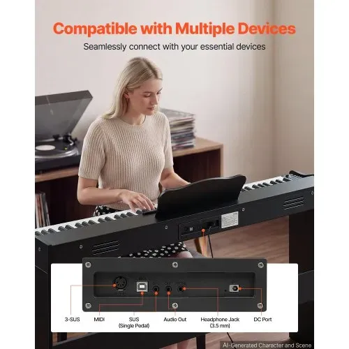 VEVOR Digitalpiano 88 Halbgewichtete Tasten mit HiFi-Lautsprechern Schwarz, E-Piano Ideal für Anfänger, mit 600 Klängen, 600 Rhythmen, USB, MIDI, Standard-3,5-mm-Kopfhörerbuchse, Notenhalter und Pedal – Bild 5