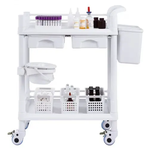 VEVOR Laborwagen mit 2 Ebenen, Laborwagen mit 2 Ablagen, 2 Schubladen und 4 leisen Rädern, mobiler medizinischer Wagen aus PP-Material, Laborrollwagen mit 3 Mülleimern für Labor, Klinik, Krankenhaus, Salon, weiß – Bild 8