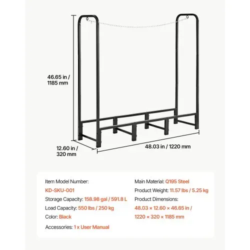 VEVOR Kaminholzregal 1/4 Cord Brennholzregal Feuerholzregal 1220x320x1185mm, für Kamin, Terrasse & Balkon, Rahmen aus Kohlenstoffstahl Pulverbeschichtet, Tragfähigkeit 250 kg, Kapazität 591,8 L Schwarz – Bild 6