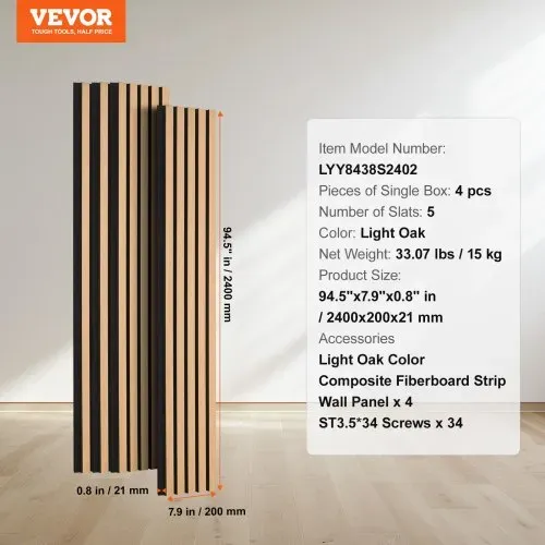 VEVOR Akustikpaneele, Akustikplatten, 2400 x 200 mm, MDF-Akzent-Holzwandpaneele für moderne Innenwanddekoration, Kunstholz-Wandplatten zur Geräuschreduzierung, helle Eiche, 4er-Set – Bild 6