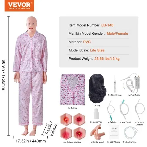 VEVOR Unisex Krankenpflege Übungspuppe Multifunktional Patientenversorgungssimulator 1750 x 440 x 230 mm, Multifunktionale Pflege Ausbildung Pflege-Trainingspuppe Gleichmäßige Skalenformen Übungspuppe – Bild 6