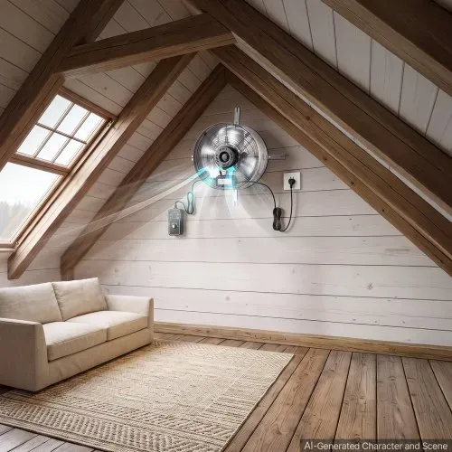 VEVOR Giebellüfter 38cm Dachbodenlüfter mit 2208,7m³/h Luftstrom Silber, Kühlung & Luftzirkulation für Dachboden Garage & Werkstatt, Kohlenstoffstahlgehäuse, mit Thermostat Netzkabel & Steuerkabel – Bild 7