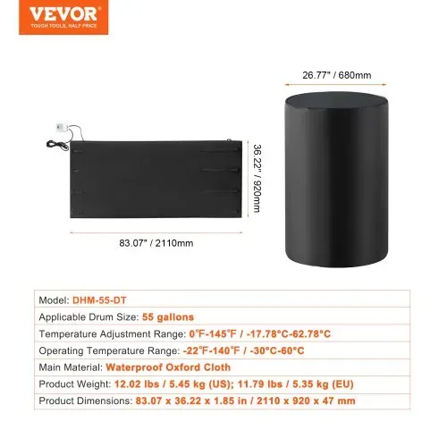 VEVOR 208L Fassheizung 1300W -17,78-62,78°C Einstellbar unabhängiges Thermostat – Bild 6