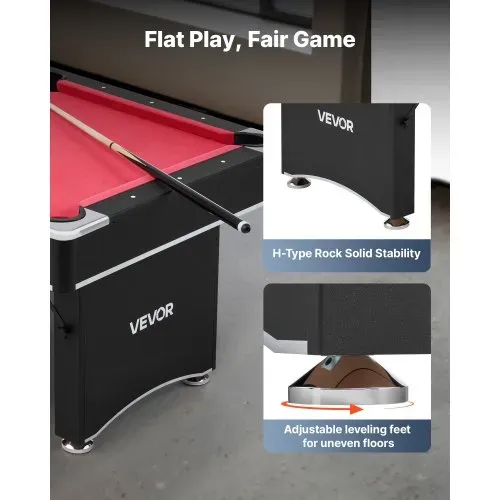 VEVOR Billardtisch 183 cm moderner Spieltisch mit verstellbaren Füßen, komplettes Set inkl.Bällen / Queues / Ständer / Kreide / Bürste, für Spielzimmer Freizeiträume schwarz mit rotem Tuch – Bild 4