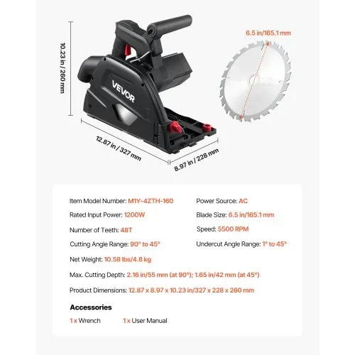 VEVOR Tauchsäge, 165,1 mm, Handkreissäge mit 48-Zahn-Hartmetall-Sägeblatt, Winkelverstellung 0–45°, Schnitttiefe 55 mm, für Holz & Kunststoff, Führungsschiene Nicht im Lieferumgang Enthalten – Bild 6