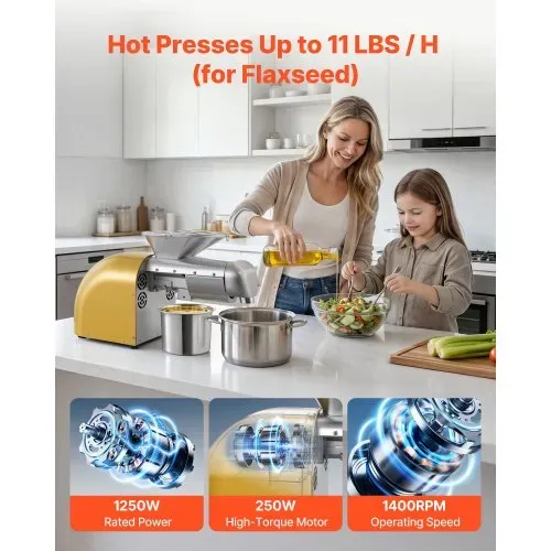 VEVOR Elektrische Ölpresse 5 kg/h, Ölmühle 1250 W, Automatische Ölpressmaschine mit Heiß- und Kaltpressung & Reinigungsbürste, Ölmaschine für Erdnüsse, Sesam, Sojabohnen und Mandeln, Edelstahl – Bild 3