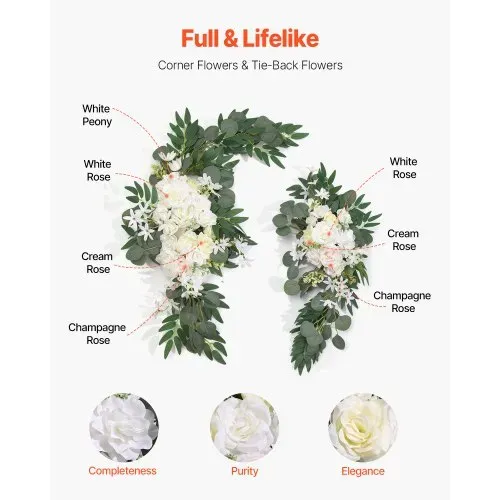 VEVOR Blumenset für Hochzeit Bogen, weiße Blumen für Traubogen mit Vorhängen (3er-Set) – 2 Blumenarrangements, 1 transparente Vorhänge, für Zeremoniensträuße, (Ohne Holzbogenständer) – Bild 4