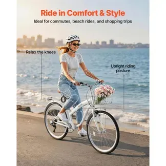 VEVOR Damenfahrrad 26 Zoll Cruiser-Fahrrad 150 kg 7-Gang Citybike Weiß, für Pendelfahrten Besorgungen und Strandfahrten, mit Doppelten V-Bremsen, 50 kg Gepäckträger, Schutzblechen und Werkzeugsatz VEVOR Damenfahrrad 26 Zoll Cruiser-Fahrrad 150 kg 7-Gang Citybike Weiß, für Pendelfahrten Besorgungen und Strandfahrten, mit Doppelten V-Bremsen, 50 kg Gepäckträger, Schutzblechen und Werkzeugsatz