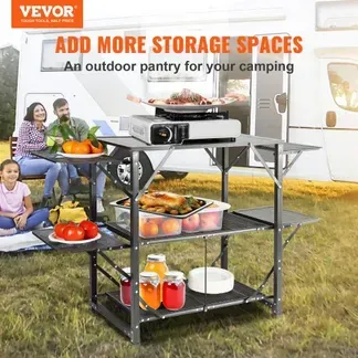 VEVOR Camping-Küchentisch, Aluminium, Faltbar, Tragbar, Outdoor-Kochstation mit 4 Eisenseiten, 2 Regalen und Tragetasche, Schnelle Installation für Picknick, Grillen, Strand, Reisen usw. VEVOR Camping-Küchentisch, Aluminium, Faltbar, Tragbar, Outdoor-Kochstation mit 4 Eisenseiten, 2 Regalen und Tragetasche, Schnelle Installation für Picknick, Grillen, Strand, Reisen usw.
