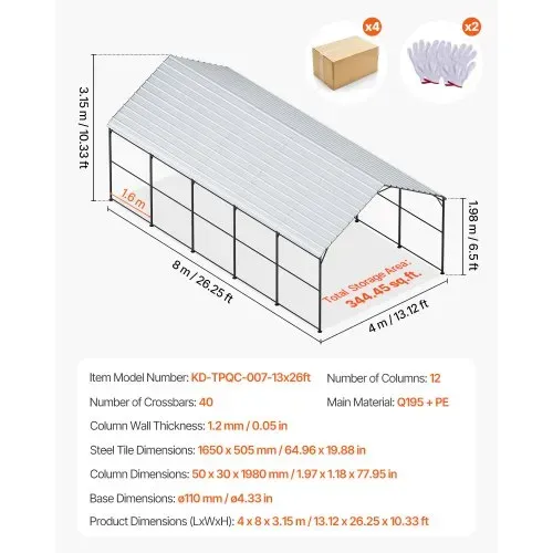 VEVOR Zeltgarage, 4 x 8 x 3,15 m, Garagenzelt, Carport mit Stahlrahmen & Dach, Autozelt-Garagenschatten mit abnehmbaren Seitenwänden, Mehrzweck-Autounterstand für Pickup, Boot, Auto & Traktoren – Bild 6