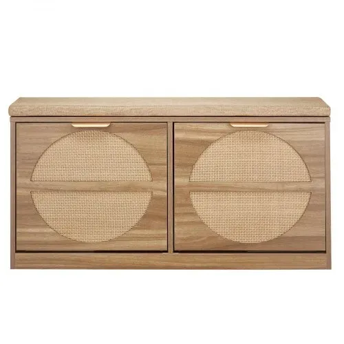 VEVOR Schuhbank mit 2 Klappen 200kg Schuhkipper Schuhkommode 980x240x515mm, für Flur Wohnzimmer Schlafzimmer, MDF-Schuhschrank mit 2 Flip-Schubladen, Gepolstertem Sitzkissen, Rattanoptik Naturholzfarbe – Bild 8