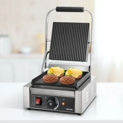 VEVOR Kommerzieller Kontaktgrill 1800 W Elektrogrill Sandwichmaker Panini Presse aus Edelstahl mit Griff & Temperaturregelung, 22 x 23 cm flache Emailleplatte (Einzel), für Hamburger Steak Speck – Bild 7