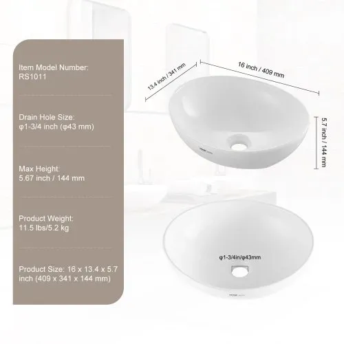 VEVOR Ovales Aufsatzwaschbecken Waschbecken, 409 x 341 x 144 mm, Badezimmer-Aufsatzwaschbecken über der Theke, Keramikwaschbecken moderner Stil, für Toiletten, Hotels, Restaurants, helles Weiß – Bild 6