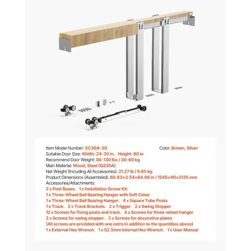 VEVOR Schiebetürrahmen-Set für 610– 762 mm breite & 2032 mm hohe Türen, Schiebetür-Set aus verzinkter Stahl mit Zwei-Wege-Soft-Close-Mechanismus & sanftem Gleiten, für Wohnzimmer Badezimmer – Bild 6