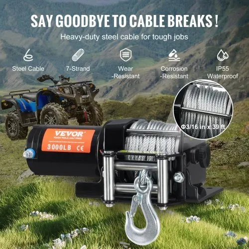 VEVOR Elektrische Seilwinde, 3000 lb Zugkraft, 12 V DC für ATV/UTV, mit Φ3/16 Zoll x 39 Fuß Stahlkabel, Rollenseilführung, Kabelfernbedienung, IP55 Wasserbeständigkeit, Ideal für UTV ATV Offroad-Bergung – Bild 3