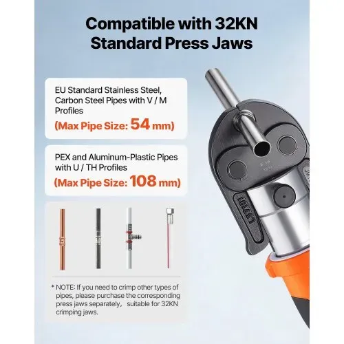 VEVOR 18V Akku Presszangen Set, 32kN Pressmaschine inkl. 3 Pressbacken M15 M22 M28 & 180° Drehbarem Kopf, Elektr. Presswerkzeug mit 4,0 Ah Baterrien für Edelstahlrohr bis 54mm, 40 HRC für Hochleistung – Bild 3