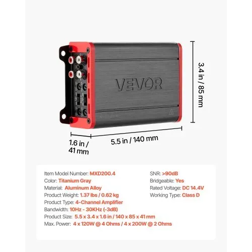 VEVOR Autoverstärker 4-Kanal, Endstufe Klasse D Überbrückbar, Max. 4 x 120 W an 4 Ohm / 4 x 200 W an 2 Ohm, Hochleistungsverstärker für SUVs Pickups Geländewagen Mehrkanal-Audioverstärker – Bild 6