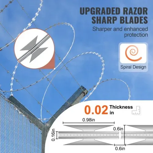 VEVOR Natodraht 75 m (5 Rollen x 15 m) Stacheldraht Spirale Sperrdraht Stacheldrahtzaun (0,51 mm) scharfe Klingen und (ca. 4 mm) dicke Kerndrähte Maschendraht für außergewöhnlichen Spiralschutz – Bild 2