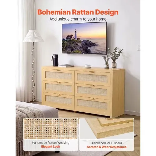 VEVOR Rattankommode Aufbewahrungsschrank mit 6 Schubladen & Metallgriffen, moderner Rattanschrank für Schlafzimmer Wohnzimmer Flur (144,5 x 45 x 79,5 cm) Kleidungsschrank Schubladenschrank – Bild 3