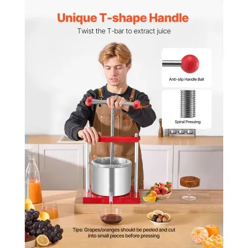 VEVOR Obstweinpresse Obstmühle Apfelmühle (6 L) mit 2 Edelstahlfässer, manueller Entsafter, Apfelweinpresse Apfelpresse Traubenpresse Olivenölpresse Saftpresse mit T-Griff für Küche Zuhause – Bild 3