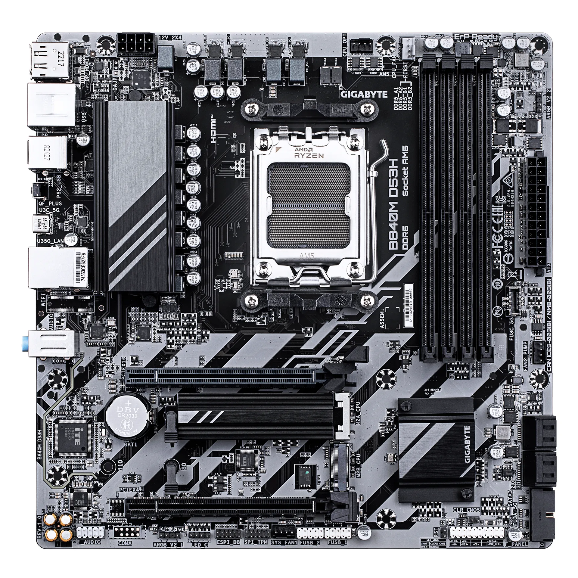 GIGABYTE B840M DS3H Mainboard – AMD Ryzen 9000 CPUs, 8+2+2 Phasen VRM, bis zu 8200 MHz DDR5, 2xPCIe 4.0 M.2, 2.5GbE LAN, USB 3.2 Gen 1 – Bild 2