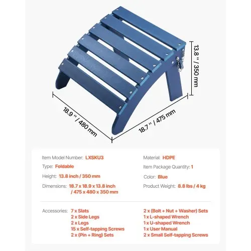 VEVOR Fußstütze für Adirondack-Stühle, 475x480x350 mm, klappbarer Adirondack-Ottomane aus HDPE-Kunststoff, Gartenstuhl, weit verbreitet für Außenbereich, Veranda, Pool, Rasen, Hinterhof, blau – Bild 6