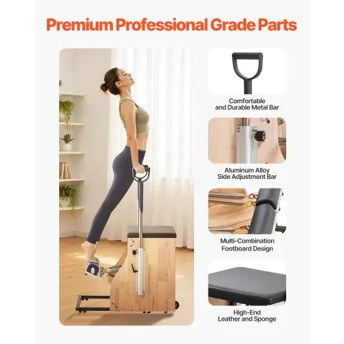 VEVOR Pilates-Stuhl, Kombi-Stühle mit geteilten Pedalen und Griffen, Yoga-Fitnesstrainer mit Rahmen aus Gummibaumholz, Trainingsreformer, Pilates-Widerstandstrainingsgerät für Training – Bild 4