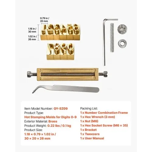 VEVOR Heißpräge-Zahlen Messing-Prägewerkzeuge 10-tlg. Set Zahlenprägeform, Kompatibel mit VEVOR Stanzmaschine, 0 bis 9, T-Nut-Design, mit Rahmen Sechskantschlüssel Muttern Schrauben Halterung Pinzette – Bild 6