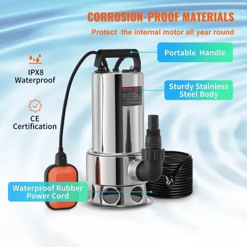 VEVOR Tauchwasserpumpe, 1300 W, 20000 l/h, mit 10 m Kabel und automatischem Schwimmerschalter, Edelstahl und Gusseisen für schmutzige oder saubere, leere Gartenteiche, Schwimmbäder, Whirlpools – Bild 3