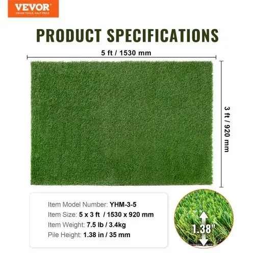 VEVOR Rasenteppich 1530 x 920 mm Kunstrasenteppich PP + PE Kunstrasen 35 mm Florhöhe UV-beständig Grasteppich mit einer Dichte von 17.000 Stichen Ideal für Terrasse Balkon Picknicks – Bild 6