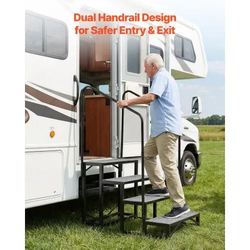 VEVOR Wohnmobiltreppe mit 2 Handläufen (4 Stufen), Standtreppe mit 300 kg Tragkraft, Außentreppe mit Rutschfester Matte für Senioren/Haustiere, Trittstufe für Camper, Mobilheim, Veranda, Pool und Spa – Bild 3