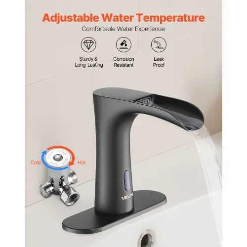 VEVOR berührungsloser Waschtischhahn (Mattschwarz) Badezimmer, automatische Waschtischarmatur, Sensorhahn mit Lochabdeckung, batteriebetriebener Wasserhahn Toilettenhahn Waschbeckenarmatur – Bild 3