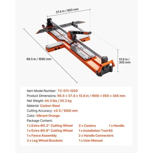 VEVOR Fliesenschneider 1200 mm, Fliesenschneidmaschine mit Federbelasteter Basis & Verstellbarem Winkelanschlag, Wolframkarbid-Schneidscheibe, Präzisions-Ausrichtungshilfe, für Keramikfliesen – Bild 6