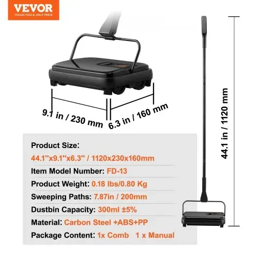 VEVOR Teppichkehrmaschine, Manueller Bodenreiniger, 200 mm zum Reinigen von Teppichen und Hartböden, Pelzentferner für Haustiere, Bürstenkamm zum Entfernen von Schmutz / Haaren ohne Strom – Bild 6
