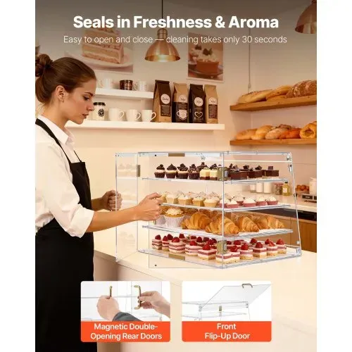 VEVOR Gebäckvitrine 4-stöckig, Gewerbliche Bäckereivitrine aus Transparentem Acryl, Thekenvitrine mit Magnetischer Rücktür & Abnehmbarer Trennwand für Kekse Desserts Donuts, 530 x 435 x 415 mm – Bild 3