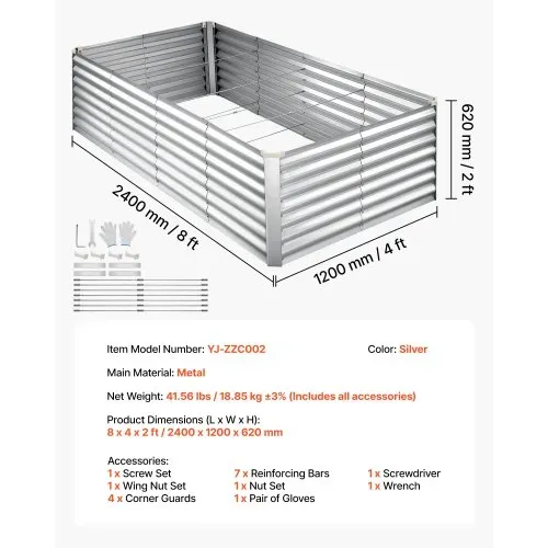 VEVOR Hochbeet Metall 240x120x62 cm, Rechteckiges Gartenbeet, Pflanzkasten-Set für den Außenbereich, Gemüsebeet mit Handschuhen, Blumenbeet Bodenlos, Pflanzbeet für Blumen & Gemüse, Silber – Bild 6