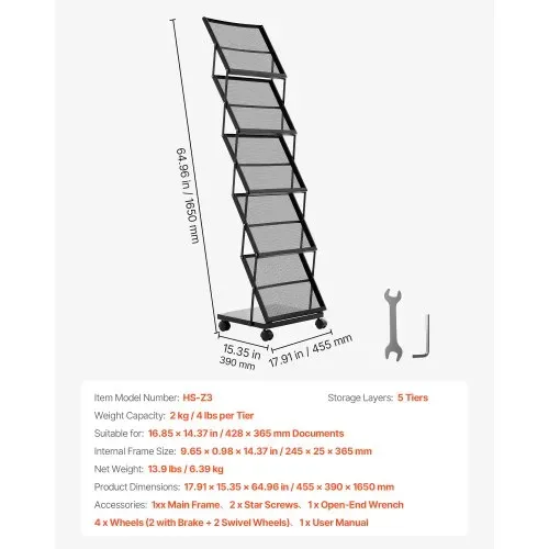 VEVOR faltbarer Prospektständer Zeitschriftenständer mit 5 Taschen, rollbarer Literaturständer Kataloghalter Schrägsteller, Buchständer Bodenaufsteller für Messe, Büroshows, Ausstellung – Bild 6